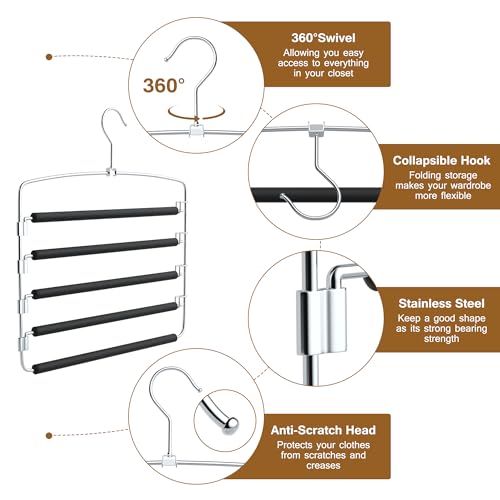 Pants Hangers Space Saving, 2 Pack Anti-Slip Space Saving Hangers, 5 Layer Swing Arm Pants Hanger Stainless Steel with Non-Slip Padding, Closet Organizers & Storage for Pants Trousers Jeans