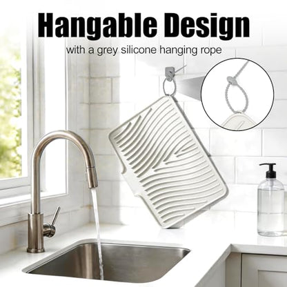 Silicone Dish Drying Mat for Kitchen Counter, Cream-1pcs, 20" x 15" | Heat Resistant & Non-Slip Dish Drain Pad with Built-In Drain, Dishwasher Safe, Quick-Dry, Hangable & Roll-Up for Storage