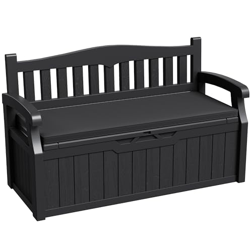 Greesum 80 Gallon Outdoor Storage Bench Deck Box,Black | with Cushion & Armrest, Lockable, Waterproof UV Resistant, Comfortable Seating for Patio, Pool, Garden