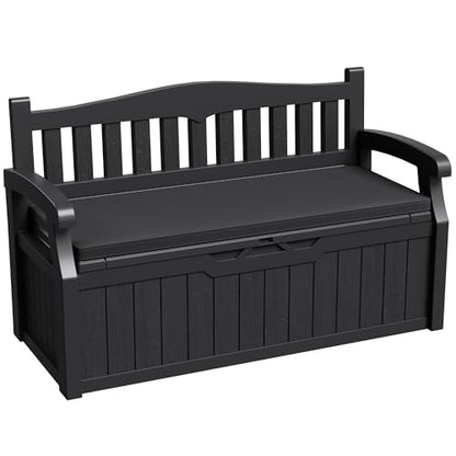 Greesum 80 Gallon Outdoor Storage Bench Deck Box,Black | with Cushion & Armrest, Lockable, Waterproof UV Resistant, Comfortable Seating for Patio, Pool, Garden