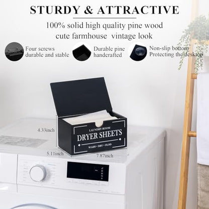 HouseJoy Dryer Sheet Holder-Black Dryer Sheet Container with Lid,Wooden Laundry Room Organization and Storage,Rustic Farmhouse Dryer Sheet Dispenser for Laundry Room Decor,Fabric Softener Containers
