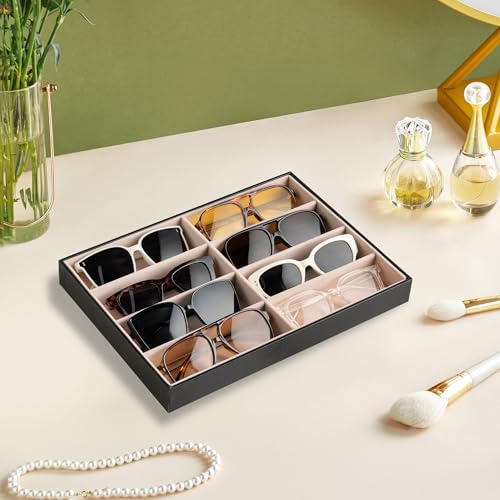 8-Slot Sunglass Organizer Tray,Sunglass Holder for Drawer | Faux Leather,Velvet Lining,Sunglass Case for Multiple Sunglass,Vanity Glass Holder,Sunglass Display,Eyeglass Organizer