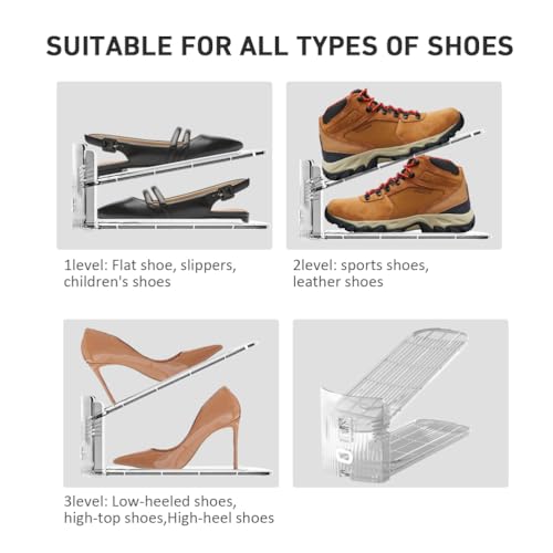 NVGSN 12Pack Clear Shoe Slot Organizer,Shoe Stacker,Storage Space Saver 50% | 3 Levels Adjustable Height 3.7''-7.7''shoe Organizer for Closet,Easy to Assemble shoe Rack Holder,Organizador de Zapatos