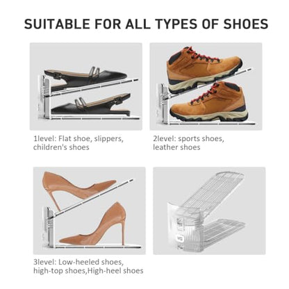 NVGSN 12Pack Clear Shoe Slot Organizer,Shoe Stacker,Storage Space Saver 50% | 3 Levels Adjustable Height 3.7''-7.7''shoe Organizer for Closet,Easy to Assemble shoe Rack Holder,Organizador de Zapatos