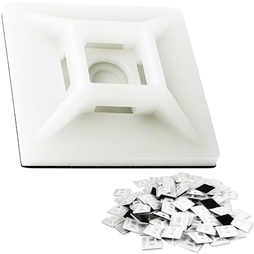 Large, Premium Zip Tie Adhesive-Backed Mounts 100 Pk by Phyxology Supply. Pro-Grade, UV White Cable Tie Bases: 1.1 in x 1.1 in. Screw-Hole Anchor Point Gives High-Strength Durability for Long-Term Use