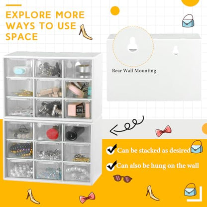 2 Pcs Mini Storage Drawers with 9 Clear Drawers,White