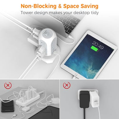 TESSAN Tower Power Strip Flat Plug with 1050J Surge Protection, 6 Ft, Grey | 11 Outlets 3 USB (1 USB C), Surge Protector Power Tower, Extension Cord with Multiple Outlets, Dorm, Office Desk Supplies
