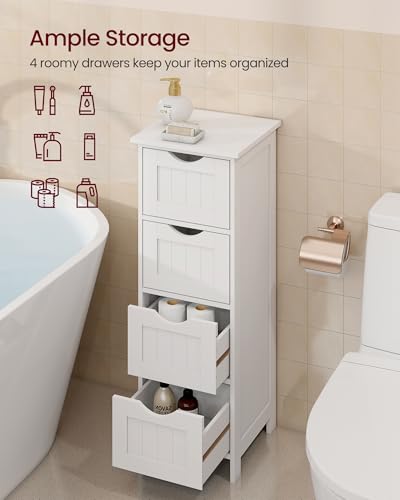 VASAGLE Floor Storage Cabinet, Freestanding Storage Organizer with 4 Drawers, 11.8 x 11.8 x 32.3 Inches, for Living Room, Bathroom, Dining Room, Kitchen, Modern Style, Cloud White ULHC040WH01S