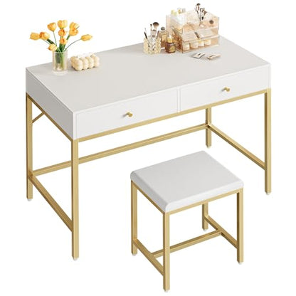 SUPERJARE 35.4" White and Gold Desk with 2 Drawers, Modern Makeup Vanity with Padded Stool, Small Computer Desk Home Office Desk for Writing Study Bedroom