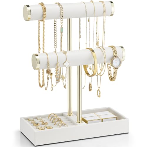 VLANDO 2 Tier Bracelet Holder with Tray - Leather Jewelry Stand Organizer for Women - Necklace Holder Display for Necklace, Watches, Rings, Earrings, Bangle, Scrunchie - White