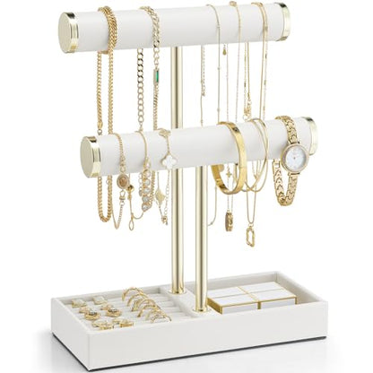 VLANDO 2 Tier Bracelet Holder with Tray - Leather Jewelry Stand Organizer for Women - Necklace Holder Display for Necklace, Watches, Rings, Earrings, Bangle, Scrunchie - White
