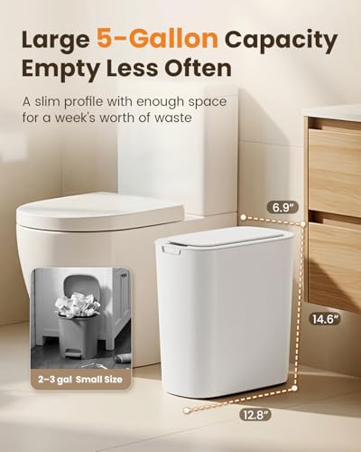 Cesun 5 Gallon Automatic Bathroom Trash Can with Lid, White, Touchless | Motion Sensor, Slim, Small Smart Garbage Bin, Plastic, Battery Operated, Manual Button, for Office/RV/Bedroom/Living Room