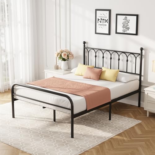 DUMOS Full Size Bed Frame Heavy Duty Metal Platform with 11.9" Under-Bed Storage, Heavy Duty Steel Slat Support with Iron-Art Headboard, No Box Spring Needed, Noise-Free, Modern Black