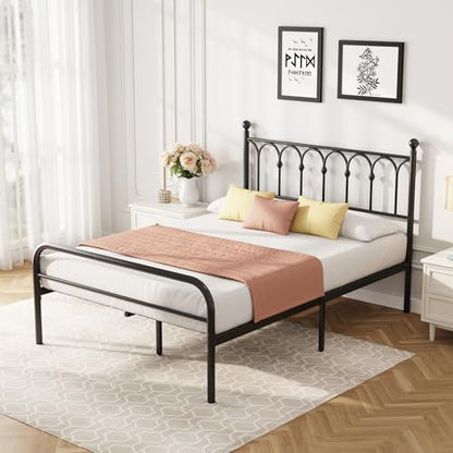 DUMOS Full Size Bed Frame Heavy Duty Metal Platform with 11.9" Under-Bed Storage, Heavy Duty Steel Slat Support with Iron-Art Headboard, No Box Spring Needed, Noise-Free, Modern Black
