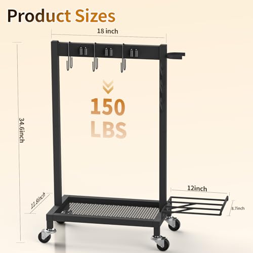 Broom Holder with Cleaning Supplies Organizer, 18" Wx11.8 Dx34.6 H | Load 160 LBS, Cleaning Cart with Wheels, 6 Mop Hanger Grippers, 3 Double-Hooks, Vacuum Stand for Laundry Garage Organization