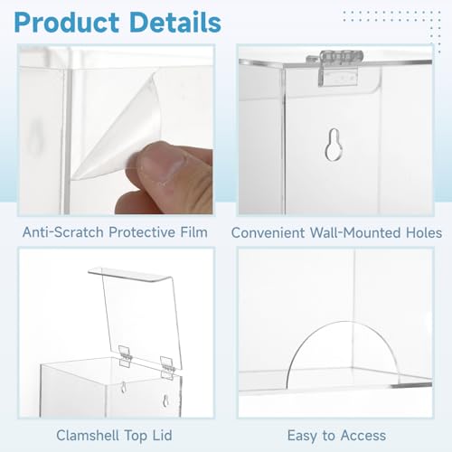 2 PCS Acrylic Hairnet Wall Dispenser, Clear Acrylic Wall Holder with Clamshell Lid and Bottom Access for Gloves Masks Shoe Covers, Desktop or Wall Mounted Disposable Supply Organizer
