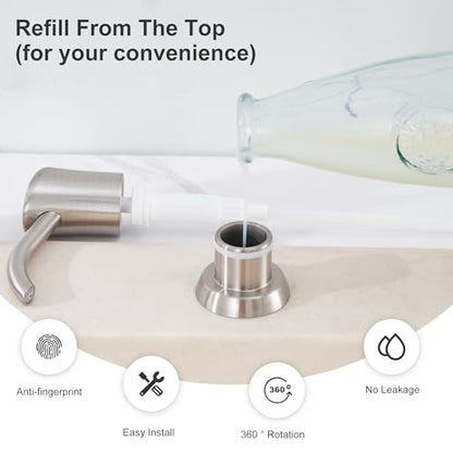 Built in Sink Soap Dispenser or Lotion Dispenser for Kitchen Sink, Brushed Nickel ABS Pump Head, with 17 Ounce Large PET Soap Bottle