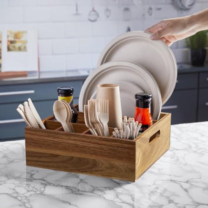 ALELION Acacia Wood Utensil Holder for Party - Paper Plate Organizer for Countertop - Silverware Caddy with 6 Compartments for Plate, Cup, Fork, Spoon - Cutlery Holder for Kitchen Camping Buffet