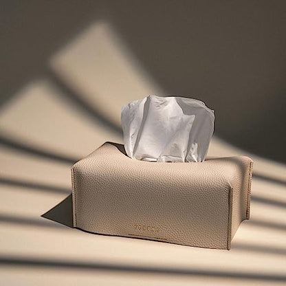 OLETHA Aesthetic Rectangle Tissue Box Cover, Standard, Light Taupe | Faux leather tissue box holder fits Kleenex 110-160 ct flat boxes; desk decor for home, office, room; velcro base; easy swap