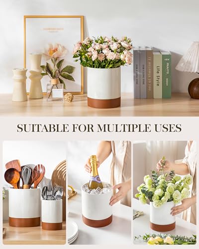 MALACASA Utensil Holder, 7.3"+5.5" Ceramic Kitchen Utensil Holder for Countertop, Large Cooking Utensil Crocks for Kitchen Counter, Farmhouse Utensils Organizer, Set of 2, Khaki White, Series TARA