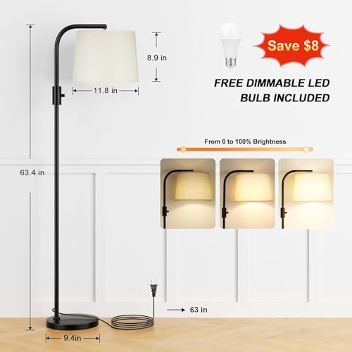Arc Floor Lamp for Living Room with Rotary Switch, Linen Shade | Dimmable, Adjustable Head, 9W LED Bulb, Black, for Bedroom Office Dorm