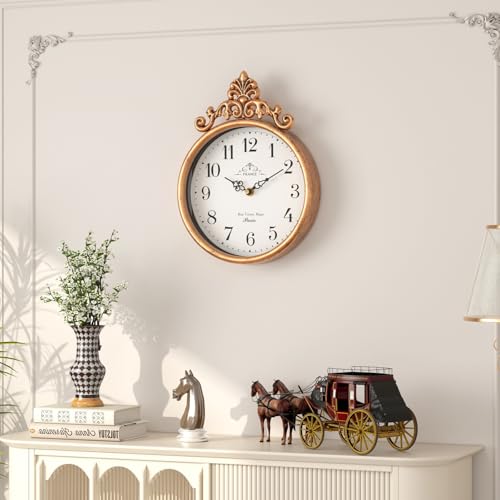 Small French Decorative Wall Clock, Gold Antique | Vintage Boho Style, Silent Battery Operated Wall Clocks for Farmhouse,Kitchen,Bathroom,Bedroom (10.23" H x 7.7" W)