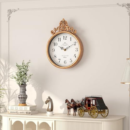 Small French Decorative Wall Clock, Gold Antique | Vintage Boho Style, Silent Battery Operated Wall Clocks for Farmhouse,Kitchen,Bathroom,Bedroom (10.23" H x 7.7" W)