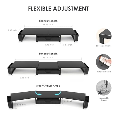Desk Organizers and Accessories, Dual Monitor Stand Riser with Drawer and 2 Pen Holders, Desk Shelf Computer Racks for Office Workspace Organizers, Desktop Organization (Black)