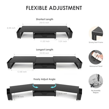 Desk Organizers and Accessories, Dual Monitor Stand Riser with Drawer and 2 Pen Holders, Desk Shelf Computer Racks for Office Workspace Organizers, Desktop Organization (Black)