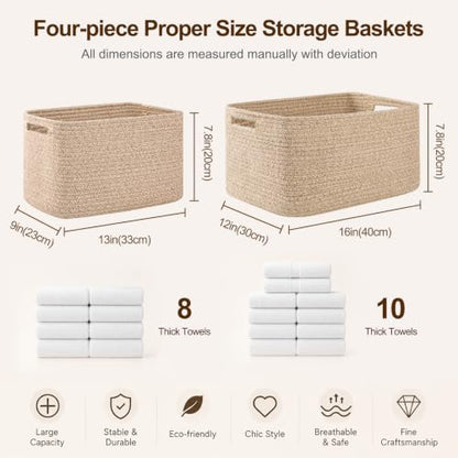 OIAHOMY 4 Pack Storage Baskets for Organizing, Cube Storage Bins for Shelves, Rectangle Storage Baskets With Handles, Woven Baskets for Storage, 12.7''Lx9''Wx7.8''H, Mixed Brown