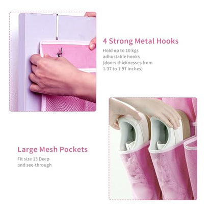 SAVERHO 35 Pockets Over the Door Shoe Organizer, Hanging Shoe Organizer for Door with 35 Mesh Pockets Large Capacity Shoe Hanging Storage Bag with 4 Metal Hooks (Pink-1Pack)