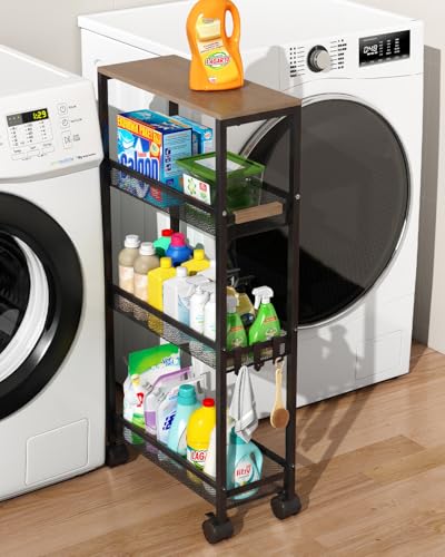 Utility Slim Storage Cart, 4 Tier Rolling Cart with Wheels, Narrow Storage Cabinet for Bathroom, Laundry Shelves for Room Organization, Small Organizer for Kitchen, Office and Dorm (Black)