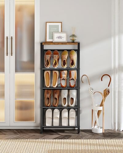 Shoe Rack, 5-Tier Slanted Shoe Rack, Narrow Shoe Storage Shelf, Slim Shoe Organizer for Entryway, Space-Saving, Wooden Top and Metal Frame, for Entryway, Hallway Rustic Brown and Black TXJ03BF