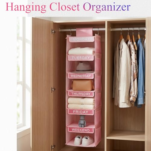 Thyle 6-Shelf Weekly Clothes Organizer for Kids, Hanging Daily Closet Organization with 12 Side Pockets, Pink Days of the Week Clothing Divider Storage for Boys and Girls