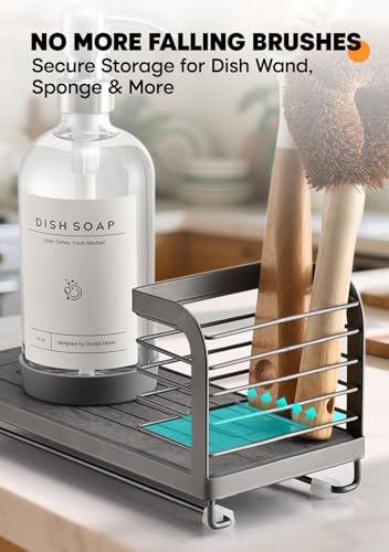 Kitchen Soap Dispenser Set with Drying Tray – 16oz Glass Bottles with Stainless Steel Pumps, Sink Organizer Caddy with Brush Holder & Non-Slip Feet – All-in-One Dish & Hand Soap Station
