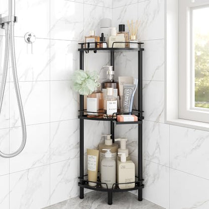 Corner Shower Caddy Standing, 3 Tier Metal Shower Organizer, Black | Stainless Steel Shower Shelves with Soap Holder, Adjustable Feet & 2 Hooks for Storing Bath Essentials in Bathroom corner