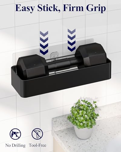 Kitsure Large Shower Caddy - Adhesive 6-Pack Bathroom Shelves, Black | No-Drilling Rustproof Shelves with Soap Holder, Toothbrush Holder, 6 Hooks, Stylish Bathroom Organizers and Storage Solution