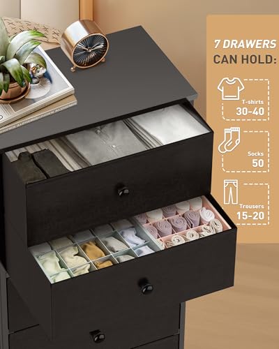 Mifuro Tall Fabric Dresser for Bedroom, Vertical Storage Organizer Tower with 7 Drawers, Chest of Drawers with Bins, Steel Frame, Wood Top for Bedroom, Closet, Entryway Black