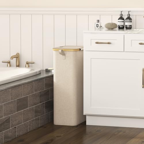 Lifewit 75L Slim Laundry Hamper with Lid, Narrow Laundry Basket with Removable Bag & Bamboo Handles, Fodable Thin Dirty Clothes Hamper for Laundry Collapsible Bin for Bathroom Bedroom Dorm, Beige