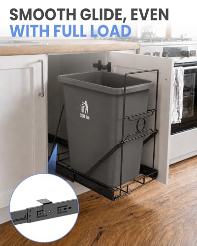 Trash Can Pull Out for Kitchen Cabinet, Black | Upgraded One-Piece Slide Out Holder Fits Most 7 to 11 Gallon Bins, Requires 12.5"W x 17.3"D x 17.5"H, Bin Not Included