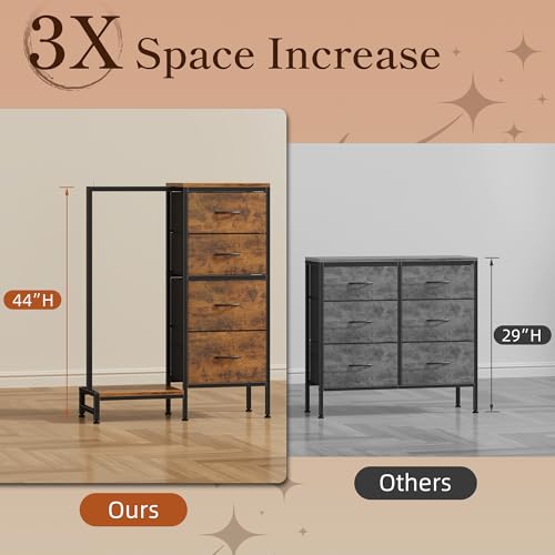 Tall Dresser 44''H with Hanging Rack, 4 Drawers Small Closet Dresser for Bedroom, Reversible Fabric Chest of Drawers with Clothes Rack, Tall Storage Tower, Sturdy Frame, Rustic Brown