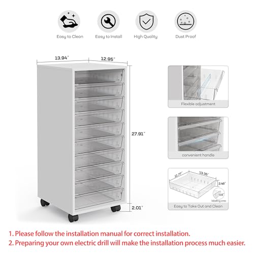 Storage Drawer Cart, Mobile Storage Cabinet, Makeup Storage with 10 Large Clear Drawers, Utility Wooden Rolling Cart on Wheels, for Cosmetic, Art Craft, Office Supplies, Toy, White