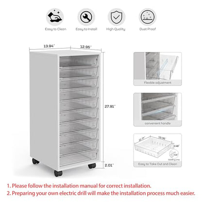 Storage Drawer Cart, Mobile Storage Cabinet, Makeup Storage with 10 Large Clear Drawers, Utility Wooden Rolling Cart on Wheels, for Cosmetic, Art Craft, Office Supplies, Toy, White