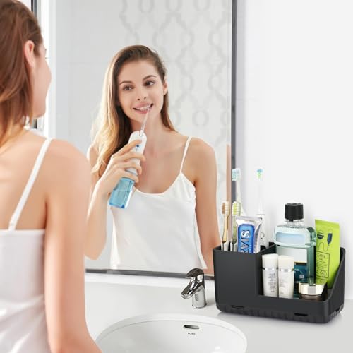 Toothbrush Holders for Bathroom Counter Organizer and Storage (Black) | Easy To Clean, Drainage, Non-Slip, Detachable, Kids Electric Toothbrush Organizer for Bathroom