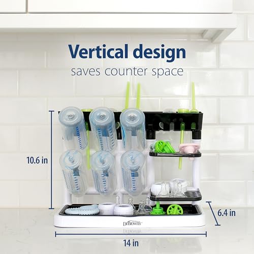 Dr. Brown's Drying Tower, Stand-Up Drying Rack, Countertop Baby Bottle Drying with Organized Storage for Baby Essentials, Space Saving Vertical Rack, Blue/White