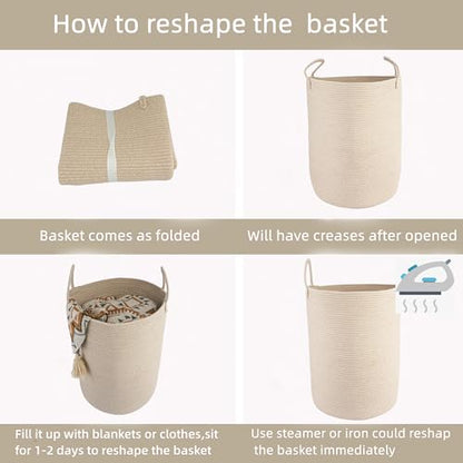 Woven Cotton Rope Laundry Basket, 15" x 20" Laundry Hamper, Oatmeal | Rope storage basket for dirty clothes, toys and blankets. Perfect for bathroom, baby nursery and living room storage.