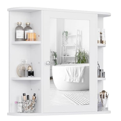 Shintenchi Bathroom Medicine Cabinet with Mirror, Wall Mounted, White | Mirrored Door Over the Toilet Storage, with 4 Internal and 6 Open Shelves, Storage Organizer Cupboard, Easy to Assemble