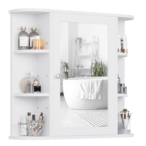 Shintenchi Bathroom Medicine Cabinet with Mirror, Wall Mounted, White | Mirrored Door Over the Toilet Storage, with 4 Internal and 6 Open Shelves, Storage Organizer Cupboard, Easy to Assemble