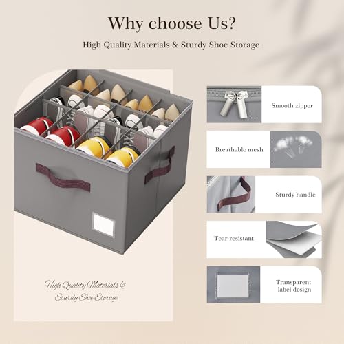 Shoe Organizer for Closet, 2 Pack Shoe Organizer with Transparent Cover and Sturdy Handles, Closet Shoe Storage for Sneakers Sandals Slippers, Fit 12-16 Pairs, Gray