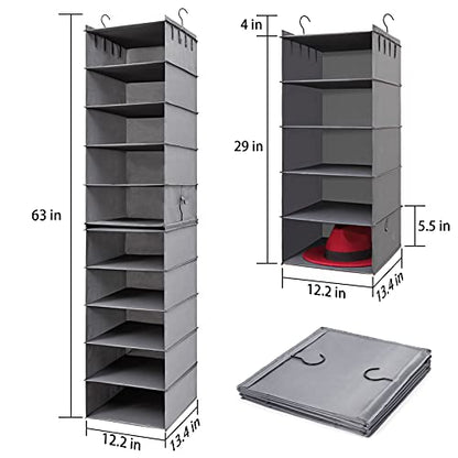 Oxford Cloth Hat Rack for Closet, Storage or Display, Grey, Large | Space Saver, 10-Shelf Organizer for Wide Brim Fedora, Trilby, Sunhat, Cowboy Hat, Baseball Cap, 2 Separate 5-Shelf, M, L, XL